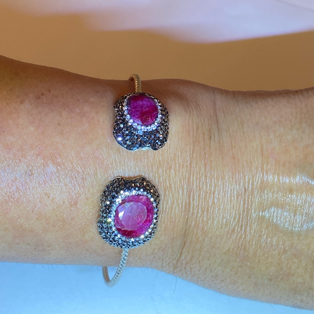 Rough Ruby Silver Victorian Cuff Bracelet - image 1